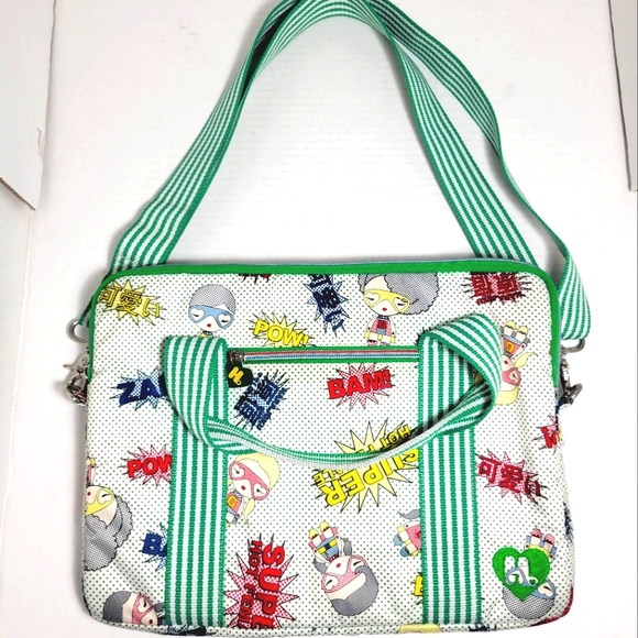 HARAJUKU LOVERS Tech Bag Green Stripe Graphic Superhero Print - Picture 2 of 11